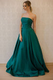 Satin Strapless A Line Green Long Elegant Evening Party Gowns Prom Dresses