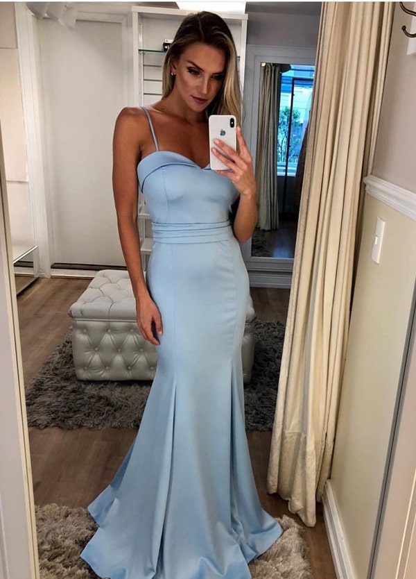 Sexy Spaghetti Straps Light Blue Mermaid Long Elegant Prom Dresses Formal Evening Grad Dress