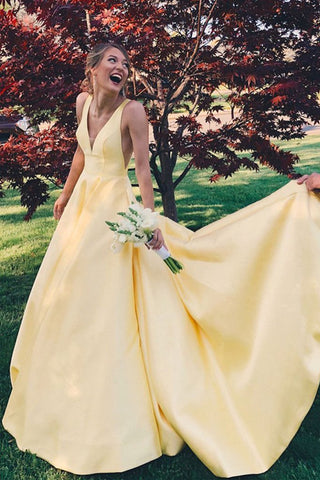 Simple V Neck Yellow Satin Open Back Cheap Long Prom Dresses Formal Evening Grad Dress