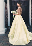Simple V Neck Yellow Satin Open Back Cheap Long Prom Dresses Formal Evening Grad Dress