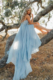 Fashion A Line Light Blue V Neck Tiered High Low Slit Prom Dresses Formal Evening Dress