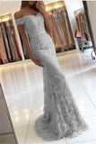 Fashion Off The Shoulder Lace Grey Mermaid Long Prom Dresses Formal Evening Grad Dress