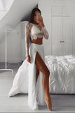 2 Piece Long Sleeves See Through Slit Lace Prom Dresses Formal Evening Grad Dress