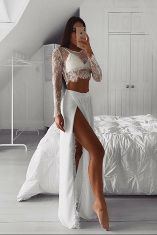 2 Piece Long Sleeves See Through Slit Lace Prom Dresses Formal Evening Grad Dress