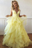 Ball Gown High Low Tiered Skirt Lace V Neck Daffodil Prom Dresses Formal Evening Grad Dress