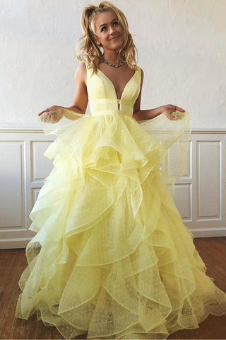 Ball Gown High Low Tiered Skirt Lace V Neck Daffodil Prom Dresses Formal Evening Grad Dress