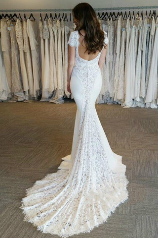 Open Back Cap Sleeves Mermaid Chapel Train Beach High Quality Wedding Dresses Bridal Dress