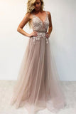 Fashion A Line V Neck Lace Long Prom Dresses Formal Evening Grad Dress Party Gowns