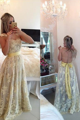 See Through Yellow Lace Back Long Sexy Evening Party Gowns Prom Dresses