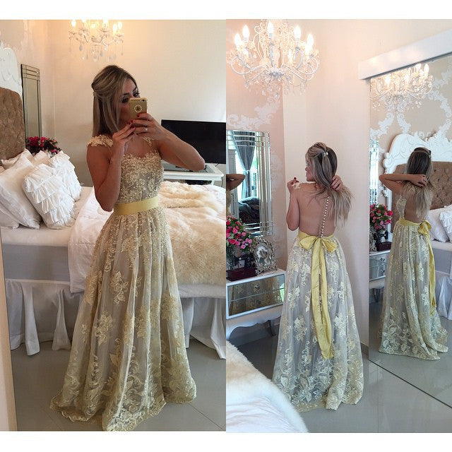 See Through Yellow Lace Back Long Sexy Evening Party Gowns Prom Dresses