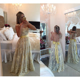 See Through Yellow Lace Back Long Sexy Evening Party Gowns Prom Dresses