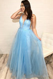 A Line Deep V Neck Light Blue Lace Tulle Long Prom Dresses