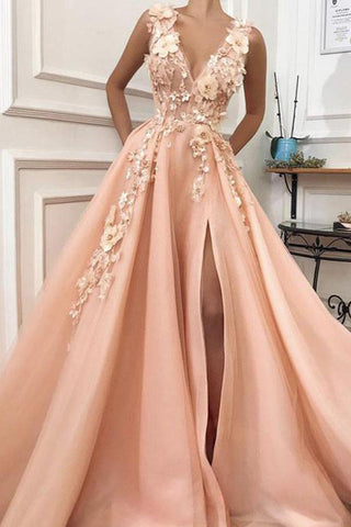 New Arrival A Line V Neck 3D Floral Split Long Prom Dresses Formal Evening Dress Party Gowns