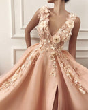 New Arrival A Line V Neck 3D Floral Split Long Prom Dresses Formal Evening Dress Party Gowns
