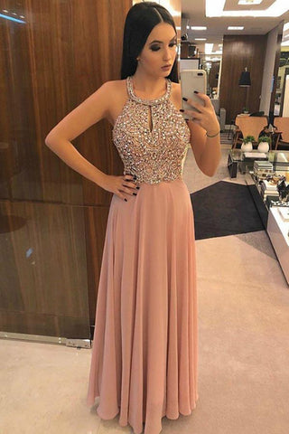 Fashion Open Back Pink Crystal Beaded Long Prom Dresses Formal Evening Fancy Dress