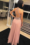 Fashion Open Back Pink Crystal Beaded Long Prom Dresses Formal Evening Fancy Dress