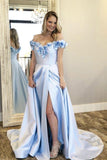 Charming Off the Shoulder A Line Hand Flowers Light Blue Prom Dresses Formal Evening Dress