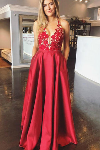 A Line Red Lace Open Back Halter Deep V Neck Pocket Long Prom Dresses Formal Evening Grad Dress