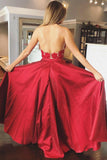A Line Red Lace Open Back Halter Deep V Neck Pocket Long Prom Dresses Formal Evening Grad Dress