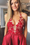 A Line Red Lace Open Back Halter Deep V Neck Pocket Long Prom Dresses Formal Evening Grad Dress