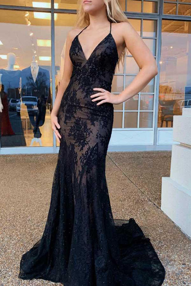 Sexy Open Back Black Lace V Neck Mermaid Long Straps Prom Dresses Formal Evening Dress