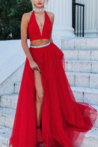 Two Piece V Neck Halter Red Beaded Long Prom Dresses Formal Evening Fancy Dress
