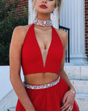 Two Piece V Neck Halter Red Beaded Long Prom Dresses Formal Evening Fancy Dress