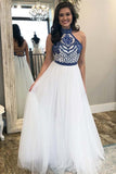 Chic Open Back High Neck Blue Embroidery White Prom Dresses Formal Evening Grad Dress