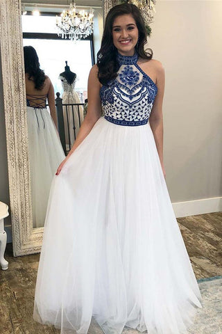Chic Open Back High Neck Blue Embroidery White Prom Dresses Formal Evening Grad Dress