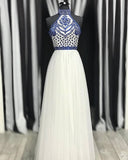 Chic Open Back High Neck Blue Embroidery White Prom Dresses Formal Evening Grad Dress