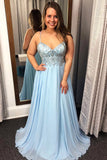 Spaghetti Straps Light Blue Chiffon Empire Waist Prom Dresses Formal Evening Grad Dress