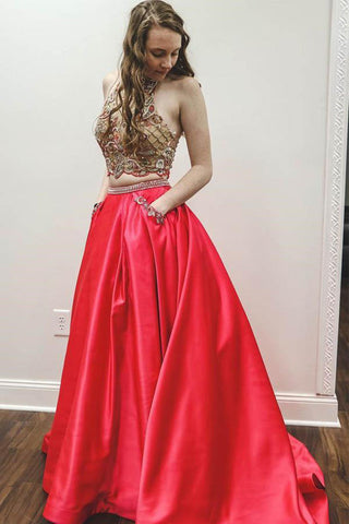 Two Piece Backless Halter Beads Red Satin Prom Dresses Formal With Pocket Evening Grad Dress