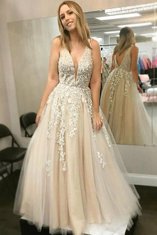 Fashion Deep V Neck A Line Ivory Lace Appliques Prom Dresses Formal Evening Grad Dress