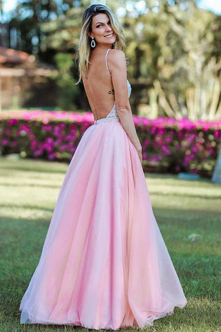 A Line Backless Spaghetti Straps Pink Beaded Long Prom Dresses
