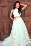 New Arrival Two Piece High Neck Lace Flowers Long Prom Dresses Formal Evening Party Dress