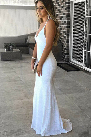 White Sequin Deep V Neck Backless Long Mermaid Prom Dresses Formal Evening Party Dress