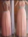 A Line Open Back Pink Beaded Long Prom Dresses