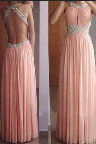 A Line Open Back Pink Beaded Long Prom Dresses