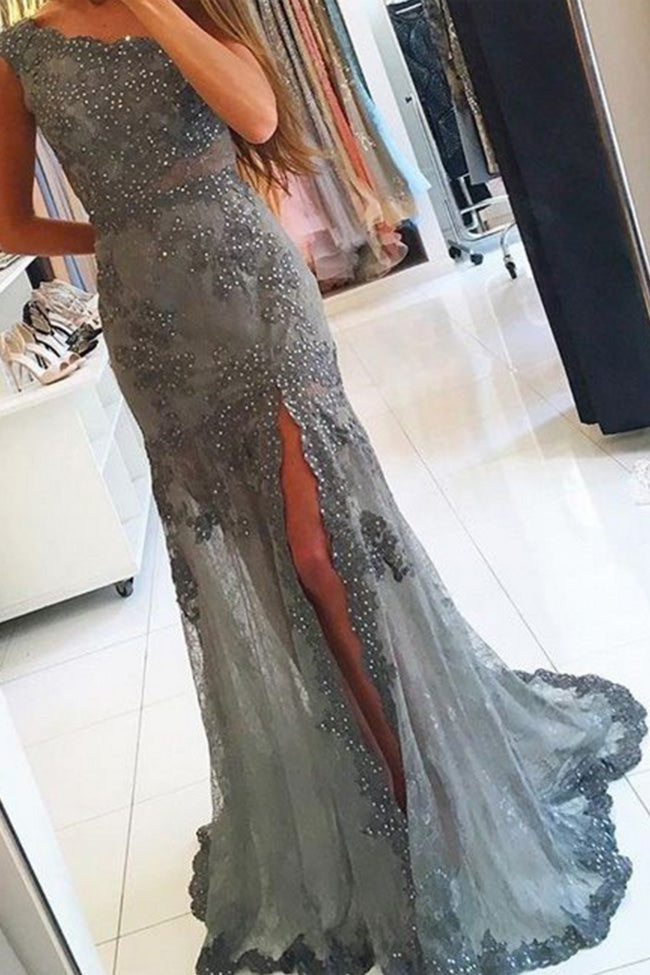 Fashion One Shoulder Grey Lace Beaded Long Mermaid Prom Dresses Formal Evening Party Dress