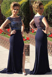 Slit Mermaid Cap Sleeves Navy Blue Long Evening Gowns Prom Dresses