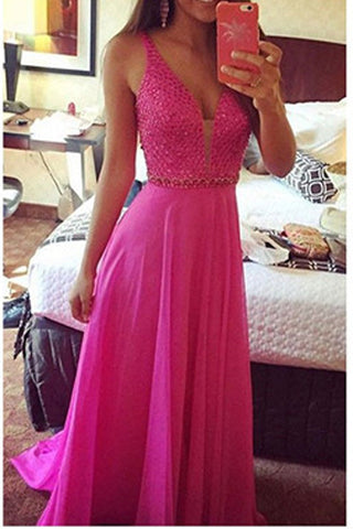 Deep V Neck Hot Pink Chiffon Beaded Long A Line Prom Dresses Formal Evening Fancy Dress