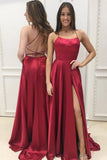 Backless Burgundy Spaghetti Strap Split A Line Cheap Prom Dresses Formal Evening Party Dress