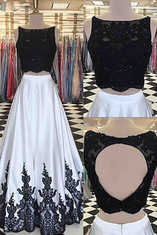 Two Piece Open Back Black Lace White Satin Prom Dresses Formal Evening Grad Dress