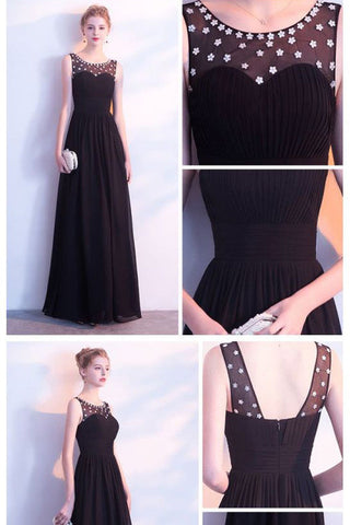 Charming Black Chiffon A Line Floor Length Prom Dresses Formal Evening Fancy Dress