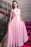 Elegant A Line High Neck Pink Chiffon Floor Length Formal Prom Dresses Evening Party Dress