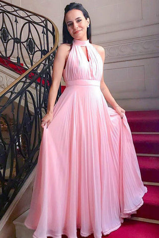 Elegant A Line High Neck Pink Chiffon Floor Length Formal Prom Dresses Evening Party Dress