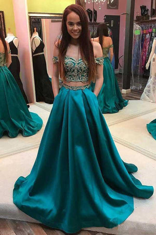 Off the Shoulder Two Piece Beaded Green Prom Dresses Formal With Pocket Evening Grad Dress