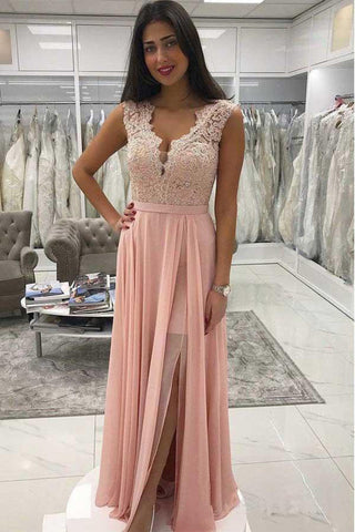 A Line Pink Lace V Neck Chiffon Split Long Prom Dresses