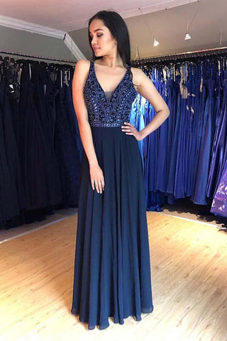 Chic V Neck Navy Blue Chiffon Beaded Backless Long Formal Prom Dresses Evening Fancy Dress