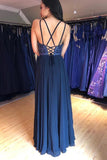 Chic V Neck Navy Blue Chiffon Beaded Backless Long Formal Prom Dresses Evening Fancy Dress